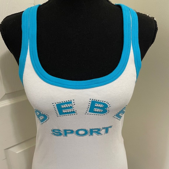 Vintage Bebe Sport Ribbed Tank Top White Blue Y2K McBling NWT Large USA Made - Picture 2 of 12